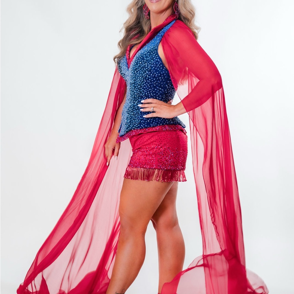 Blue and red beaded fun fashion with Sheer Cape